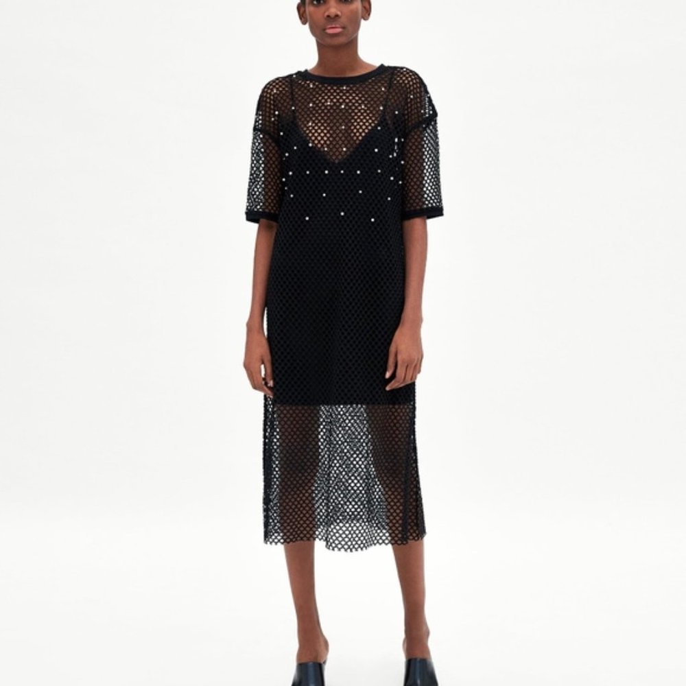Zara Black Fishnet Mesh Dress with Pearl Beads